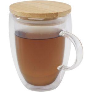 Tasse en verre Leona de 350 ml avec couvercle en bambou