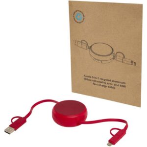 Câble rétractable 5 en 1 Alasia de 100 cm en plastique recyclé et aluminium pour la synchronisation des données et la charge
